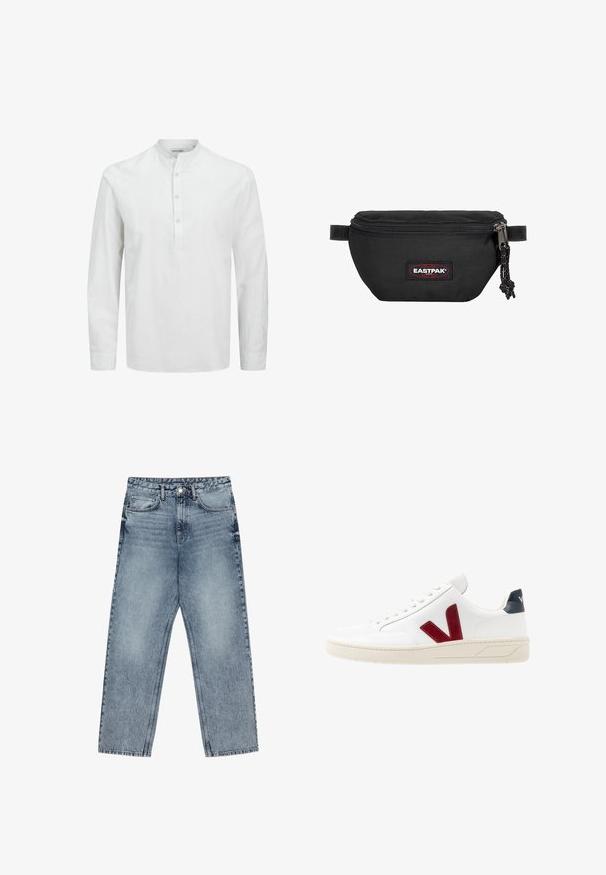Chemise blanche à manches longues en tissu léger. Dotée d'un col montant et d'une patte de boutonnage avec des boutons clairs. Texture lisse et coupe décontractée.; Jean en denim bleu clair avec une coupe droite, couture visible, design à cinq poches et fermeture à bouton à la taille.; Baskets en cuir blanc avec un logo "V" en caoutchouc rouge, lacets blancs texturés et un tirant de talon bleu marine. Présente une semelle en caoutchouc couleur crème.; Sac de taille noir en tissu durable, avec une fermeture éclair, une sangle ajustable et un écusson logo rouge et noir à l'avant.