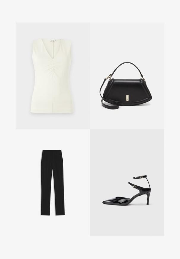 Sleeveless top with a V-neck, made of light cream fabric. Features gathered detailing at the center and a fitted silhouette.; Black tailored trousers with a straight-leg design, featuring front pockets and a smooth, textured fabric. Neat, minimal detailing.; Black patent leather heels with a pointed toe, adjustable ankle straps, and a slender heel. Smooth texture with a shiny finish.; Black leather handbag with a structured design, featuring a cropped shape, top handle, and gold hardware accent. Adjustable shoulder strap included.