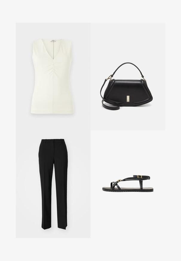 Ujjatlan, V-nyakú felső, világos krémszínből készült. Középen gathered részletekkel rendelkezik és testhez simuló siluettje van.; Fekete, testhezálló nadrág egyenes szárú kivitelben, sima textúrával és éles redőkkel az elején. Nincs látható fémalkatrész.; Fekete bőrszandál vékony pántokkal és csattal ellátott bokapánttal. Lapos talp texturált felülettel és hullámos széllel. Minimalista dizájn.; Fekete bőr kézitáska, strukturált dizájnnal, rövidített formával, felső fogantyúval és arany színű kiegészítőkkel. Állítható vállpánt is tartozik hozzá.