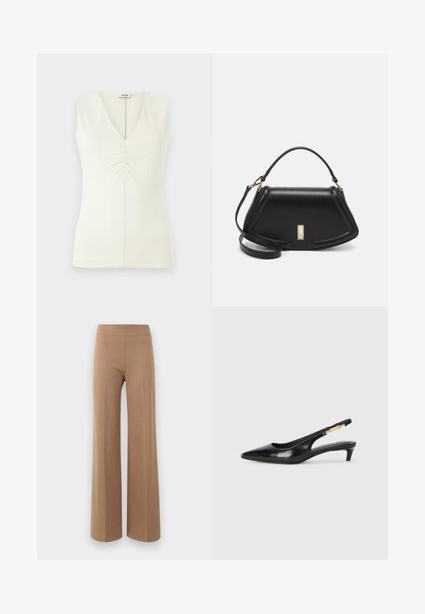 Mouwloos topje met een V-hals, gemaakt van lichtcrème stof. Bevat gathered details in het midden en een getailleerd silhouet.; Vallende broekspijpen in een lichtbruine, elastische stof met een gladde textuur en een hoge, elastische tailleband. Geen zichtbare sluiting of zakken.; Zwarte leren slingback hakken met een spitse neus, voorzien van een slanke hak en een goudkleurige accent op de verstelbare band. Gladde textuur.; Zwarte leren handtas met een gestructureerd ontwerp, featuring een verkorte vorm, bovenhandvat en gouden hardwareaccent. Inclusief verstelbare schouderband.