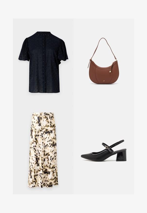 Navy short-sleeve blouse with puffed sleeves, round neckline, button front, and textured pattern featuring small embroidered accents.; White short-sleeve blouse with a wrap design, featuring subtle draping at the hem and a smooth, soft texture. Label reads "ANNA FIELD."; A knee-length skirt in a light fabric with a beige, brown, and green abstract pattern. Features a fitted waistband and flowing design.; Black patent leather slingback heels with a pointed toe, a rounded cutout design, and a block heel. Features a gold-tone buckle accent.; Brown faux leather shoulder bag with curved shape, minimal stitching, and a gold-tone hardware accent. Features a top zipper closure and adjustable strap.