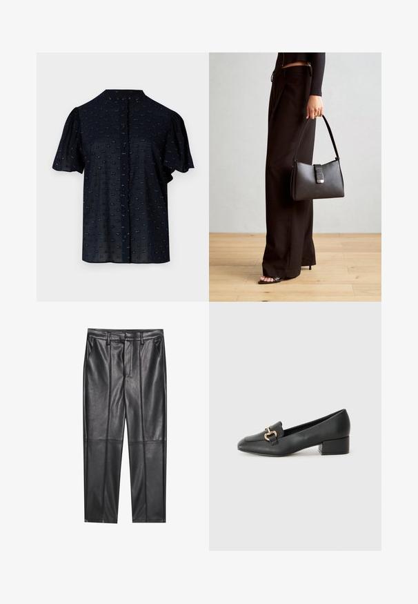 Navy short-sleeve blouse with puffed sleeves, round neckline, button front, and textured pattern featuring small embroidered accents.; Black leather trousers with a smooth texture, featuring a straight fit, two front pockets, and visible seam detailing.; Black leather loafers with a flat heel, featuring a decorative gold hardware detail on the front and a smooth texture.; Black handbag with structured shape, smooth texture, and a metallic clasp. Paired with wide black pants and open-toe sandals on wooden floor.