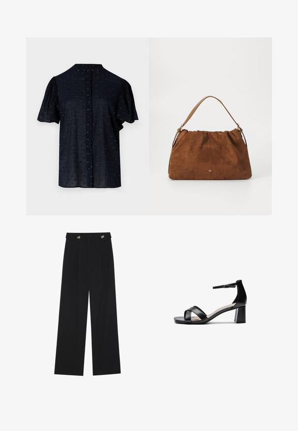 Tummansininen lyhythihainen pusero, jossa on puffihihat, pyöreä kaula-aukko, nappikiinnitys ja teksturoitu kuvio, jossa on pieniä brodeerattuja yksityiskohtia.; Mustat leveälahkeiset housut, joissa on korkea vyötärö, napit vyötärönauhassa ja etupuolella laskokset.; Musta avotossu, jossa on ristikkäiset hihnat, säädettävä nilkkaremmi ja paksu korko, painottuen sileään nahkatextuuriin.; Ruskea nukkaohut laukku, jossa on poimittu muotoilu, ja siinä on yksittäinen vaaleanruskea nahkahihna sekä hillitty kultainen logo etuosassa.