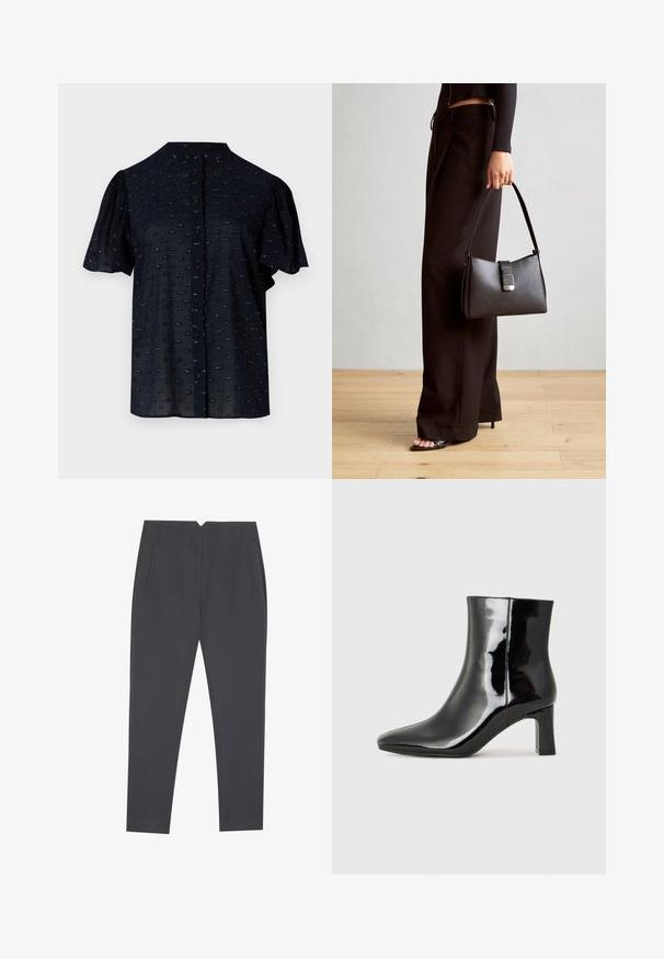 Jūrų laivyno trumpa rankovė palaidinė su pūstomis rankovėmis, apvalia iškirpte, mygtukų užsegimu ir tekstūruotu raštu, kuriame yra mažų siuvinėtų akcentų.; Tamsiai pilki siauriniai kelnių su šoninėmis kišenėmis ir priekinėmis raukšlėmis, sukurtos pritaikytam modeliui.; Juodos lakuotos odinės aulinukės su smailiu pirštu ir vidutinio aukščio blokuotu kulnu. Lygus paviršius ir minimalistinis dizainas.; Juodas rankinė struktūrizuota forma, lygi tekstūra ir metalinis užsegimas. Suporuota su plačiomis juodomis kelnėmis ir atvirais bateliais ant medinių grindų.