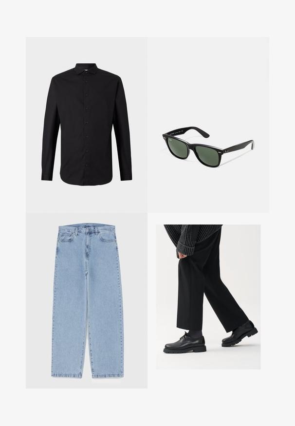 Maglietta nera a maniche lunghe realizzata in tessuto intrecciato, con chiusura a bottoni, colletto e vestibilità classica. Texture liscia e design minimale.; Jeans in denim azzurro chiaro con design a gamba dritta, caratterizzati da una vita media, cinque tasche e chiusura con bottone e zip.; Scarpe in pelle nera con punta arrotondata, design con lacci e suola spessa e texture. Indossate con pantaloni neri su misura e un maglione a coste.; Occhiali da sole in plastica nera con lenti verdi, montatura quadrata, dettaglio argento sulla parte superiore e steli con texture. Marchio indicato sulla parte interna dello stelo.; Orologio al quarzo con bracciale in acciaio inossidabile silver, quadrante rotondo nero, indici delle ore bianchi e display della data alle 3. Resistente all'acqua fino a 50 m.