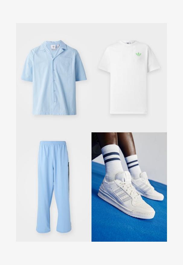 Camicia azzurra a maniche corte con frontale abbottonato, colletto a punte e una tasca sul petto con logo tonale. Tessuto textured.; T-shirt bianca in cotone con maniche corte, caratterizzata da un piccolo logo Adidas verde sul lato sinistro del petto. Design semplice e classico con scollatura rotonda.; Pantaloni sportivi azzurri chiari realizzati in tessuto morbido, con vita elasticizzata e strisce laterali nere a contrasto.; Sneaker bianchi in pelle con dettagli perforati, tre strisce metalliche e un pannello laterale testurizzato. Indossati con calzini bianchi con strisce blu.