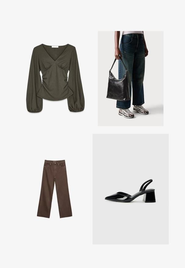 Olive green textured blouse with long puffed sleeves, V-neckline, ruched bodice, and a slightly flared hem.; Wide-leg brown jeans made of denim, featuring a high waist, front pockets, and a classic button closure. Smooth texture with subtle stitching.; Black patent leather slingback heels with a pointed toe and a geometric block heel. Features a sleek, minimal design and smooth texture.; Black leather shoulder bag with a smooth texture and adjustable strap, paired with faded wide-leg jeans and athletic sneakers.