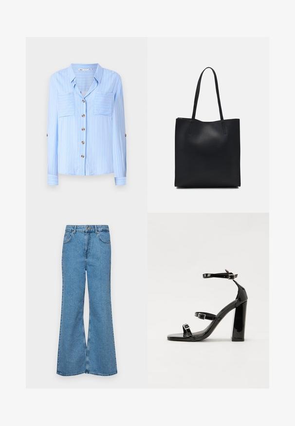 Camisa de manga longa azul clara com riscas brancas verticais, dois bolsos no peito e botões castanhos à frente. Tecido suave com uma textura lisa.; Jeans de brim azuis claros, com corte à boca de sino, apresentando uma cintura alta, cinco bolsos e um fecho de botão único. Textura macia com acabamento desbotado.; Sandálias de tacão preto laqueadas com bico quadrado, tiras para o tornozelo e fivelas prateadas. Apresentam um salto bloco chunky para estabilidade.; Bolsa tote preta em couro com textura lisa, forma retangular e duas alças longas. Sem hardware ou enfeites visíveis.