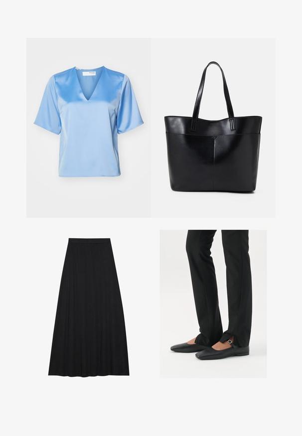 Svijetloplava satenasta bluzica s V-izrezom, kratkim rukavima i glatkom teksturom, koja ima opušteni kroj i minimalne detalje šivanja.; Črna maksi krila iz mehkega, tekočega materiala. Ima elastičen pas in polno A-linijsko silhueto z gladko teksturo.; Črne usnjene balerinke s koničastim nosom, trak z srebrno zaponko, v kombinaciji s črnimi elegantnimi hlačami z razporkom na robu.; Črna usnjena torba z dvema dolgima ročajema, gladko teksturo in strukturirano obliko. Ima sprednji žep za dodatno shranjevanje.; Srebrni obroči za ušesa z gladko, polirano površino. Okrogla oblika in varna zaponka s klikom. Lahka zasnova, primerna za vsakodnevno nošenje.