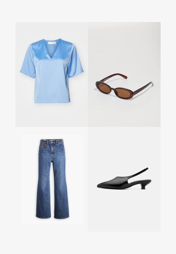 Himmelbluse Bluse aus Satin mit V-Ausschnitt, kurzen Ärmeln und glatter Textur, in einem lässigen Schnitt und mit minimalen Nähdetails.; Hoch sitzende blaue Denim-Jeans mit weitem Bein, ausgestattet mit einer Vordertasche, Messingknopfverschluss und Kontrastnähten.; Schwarze Leder-Slingback-Absätze mit spitz zulaufender Zehenpartie, offenen Seiten und einem kurzen, ausgestellten Absatz. Glatte Textur und minimalistisches Design.; Runde, braun getönte Sonnenbrillen mit einem glänzenden burgunderfarbenen Rahmen. Schlanke Bügel mit dezentem Branding. Flaches Linsendesign.