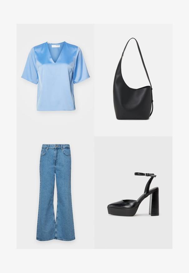Blusa de seda azul clara com decote em V, mangas curtas e uma textura suave, apresentando um corte descontraído e detalhes de costura mínimos.; Jeans de brim azuis claros, com corte à boca de sino, apresentando uma cintura alta, cinco bolsos e um fecho de botão único. Textura macia com acabamento desbotado.; Saltos altos pretos com bico fino e atilho ajustável no tornozelo. Confeccionados em couro suave, apresentam um salto bloco robusto.; Saco hobo preto em pele com uma textura lisa, forma curva e uma única alça ajustável; apresenta uma abertura larga na parte de cima.