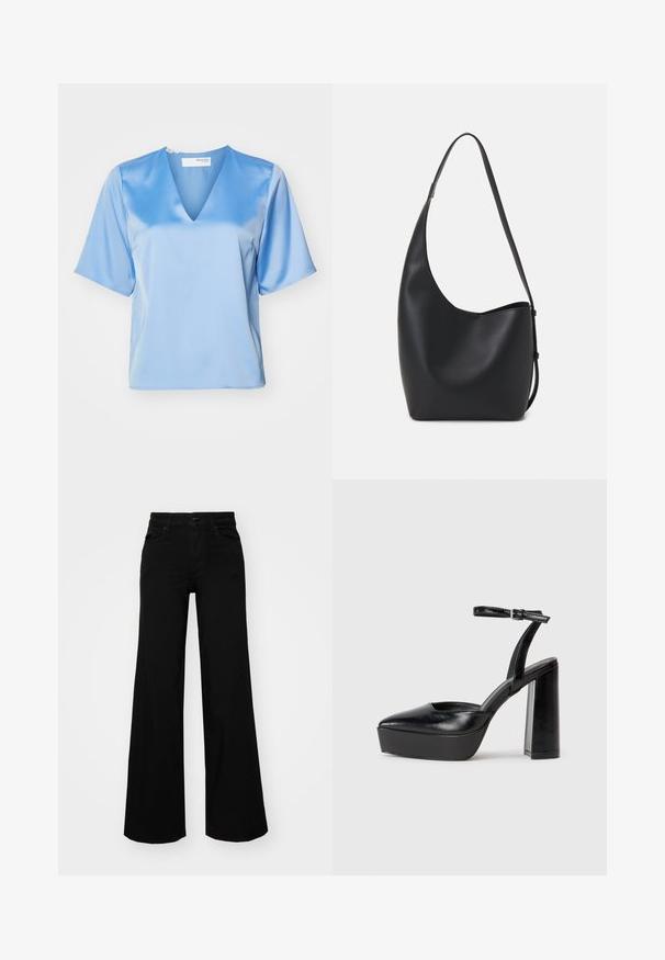Blusa de seda azul clara com decote em V, mangas curtas e uma textura suave, apresentando um corte descontraído e detalhes de costura mínimos.; Calças largas pretas em denim, com uma cintura estruturada, passantes para cinto e bolsos frontais. Textura suave com um design clássico.; Saltos altos pretos com bico fino e atilho ajustável no tornozelo. Confeccionados em couro suave, apresentam um salto bloco robusto.; Saco hobo preto em pele com uma textura lisa, forma curva e uma única alça ajustável; apresenta uma abertura larga na parte de cima.