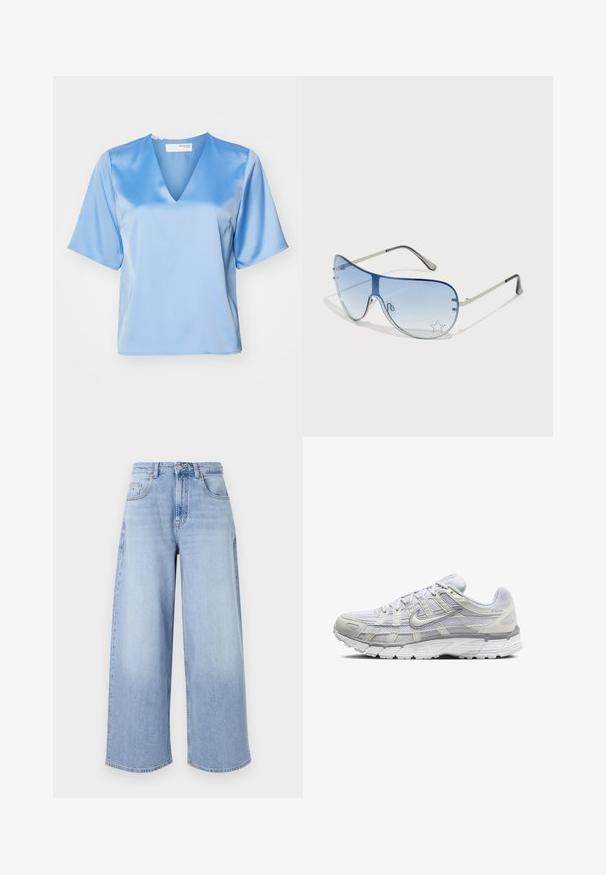 Svijetloplava satenasta bluzica s V-izrezom, kratkim rukavima i glatkom teksturom, koja ima opušteni kroj i minimalne detalje šivanja.; Svetlo modri široki jeans narejeni iz denima. Imajo visok pas, pet žepov in gumbasto zapiranje. Neobdelani robovi na hlačnicah.; Svetlo sivi atletski čevlji z zgornjim delom iz mrežaste in sintetične tkanine, opremljeni z vezalkami, oblazinjenim ovratnikom in teksturiranim podplatom za dober oprijem.; Pilotne sončne očala z gradijentnimi modrimi lečami, srebrnim kovinskim okvirjem in okrasnimi zvezdastimi detajli na lečah. Gladek in eleganten dizajn.
