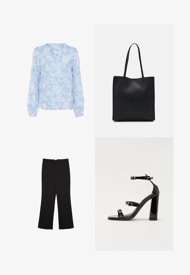 Svijetlo plava bluzica dugih rukava, V-izrez, s cvjetnim paisley uzorkom u bijeloj boji; glatka tkanina s nabranim manžetama.; Crne hlače ravnog kroja, s prednjim džepovima i bočnim prorezima na rubu. Izrađene od mekog i glatkog materijala. Pogodne za razne prigode.; Crne lakirane sandale na pete sa kvadratnim nosom, trakama oko gležnja i srebrnim kopčama. Imaju čvrst blok petu za stabilnost.; Crna kožna torba za nošenje s glatkom teksturom, pravokutnim oblikom i dvije duge ručke. Nema vidljivih metalnih dijelova ili ukrasa.