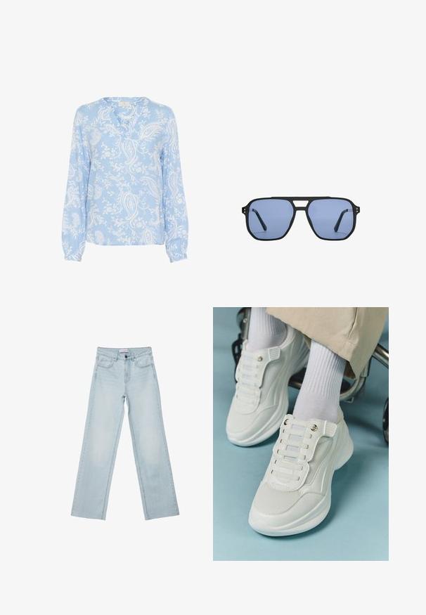 Hellblaue Bluse mit langen Ärmeln, V-Ausschnitt und floralem Paisleymuster in Weiß; glattes Material mit gerafften Manschetten.; Hellblaue weit geschnittene Jeans aus Denim. Verfügt über fünf Taschen, einen Knopfverschluss und ausgeblichene Details. Klassischer gerader Schnitt mit lockerer Passform.; Weiße Sneaker aus Mesh-Material, mit Gummisohle, schnürfreiem Design mit elastischen Bändern und goldfarbenen Akzenten.; Stradivarius RETRO - Sonnenbrille - light blue