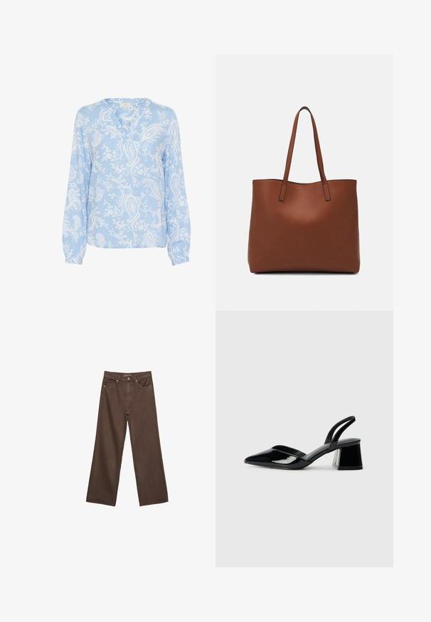 Vaaleansininen paita pitkähihaisella, V-päällä ja valkoisella kukkapaikku-kuviolla; sileä kangas, jossa on rypytetyt hihansuut.; Leviittävät ruskeat farkut, jotka on valmistettu denimistä, korkea vyötärö, etutaskut ja klassinen nappikiinnitys. Silkkinen pinta hienovaraisella ompelutyöllä.; Mustat patentoitu nahkakengät, joissa on säären takaosa ja terävä kärki, sekä geometrinen palikkakorko. Sisältää tyylikkään, minimalistisen muotoilun ja sileän pinnan.; Ruskea nahkainen olkalaukku, jossa on sileä pinta, avoin yläosa ja kaksi olkahihnaa. Omaavat vain minimaalisen ompelun eikä näkyvää metalliosaa.