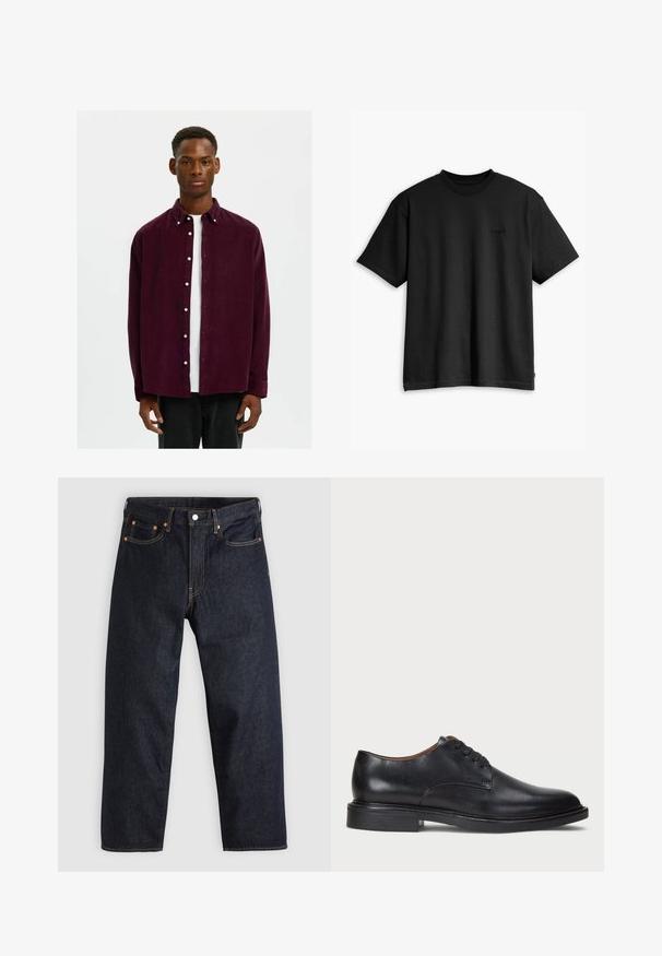 Burgundi värvi corduroy särk, millel on nööbiga krae, valged nööbid, pikad varrukad, taskud, kantud valge T-särgi peal ning sobitatud tumedate teksadega.; Must must-hallide t-särk, millel on ümmargune kaelus ja lühikesed varrukad. Esiküljel on tagasihoidlik logo ja sirge alläär. Lihtne ja minimalistlik kujundus.; Tumedad sinised teksad sirge lõikega, viie taskuga, kontrastsete oranžide õmblustega ja nööpide kinnitusega. Ilma nähtavate mustrite või kaunistusteta.; Must musta kleitjalats ümarate varvastega, paeltega disain ja madal virnastatud konts. Sile tekstuur minimaalsete õmblustega.