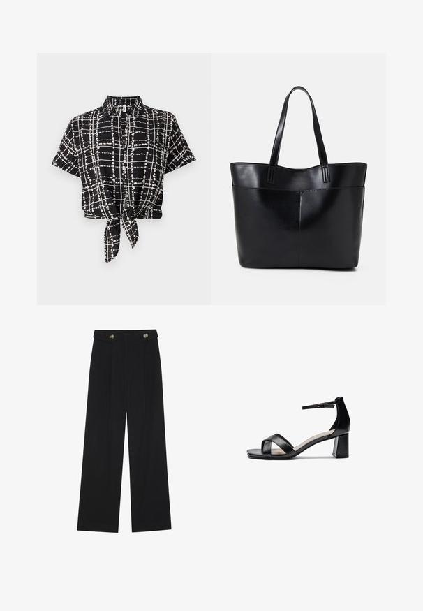 Camisa preta de manga curta com um padrão de grelha branca e detalhe de nó na parte inferior. Feita de material leve.; Calças largas pretas com cintura alta, detalhes em botão na cintura e pregas frontais.; Sandália de salto alto preta, com ponta aberta, tiras cruzadas, tira de tornozelo ajustável e um salto robusto, apresentando uma textura de pele lisa.; Bolsa tote preta em couro com duas alças longas, textura suave e forma estruturada. Apresenta um bolso frontal para armazenamento adicional.