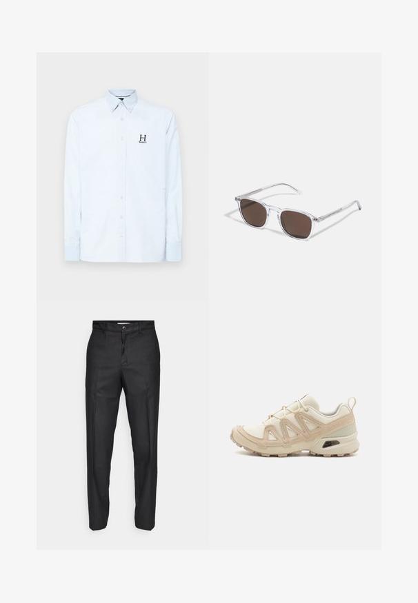 Hackett London HERITAGE STRIPE - Kauluspaita - sky blue; Mustat housut, jotka on valmistettu sileästä kankaasta, ja niissä on etupainike, suorat lahkeet sekä ei näkyviä taskuja tai kuvioita.; Beige ja kreemi värvi sportlikud jalanõud, millel on tekstiilne mesh ülemine osa, toetavad ülekatted ja kummist tald, millel on mustripattern haardeks.; Aurinkolasit, joissa on kirkas muovikehys ja suorakulmaiset ruskeat linssit, ohuilla läpinäkyvillä varsilla ja metallikosketuksilla temppeleissä.