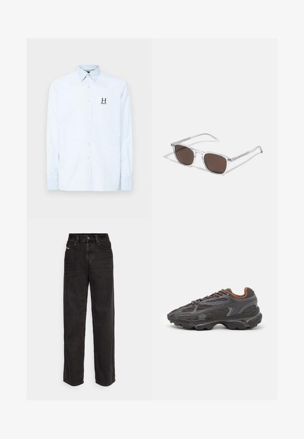 Hackett London HERITAGE STRIPE - Formāls krekls - sky blue; Melnas denima plata kāju bikses ar augstu jostasvietu, priekšējo pogu aizdari, divām sānslēpēm un smalkām šuvju detaļām.; Lacoste kedas tumši pelēkā krāsā ar acu audumu un sintētisko materiālu, ar teksturētu zoli un brūniem akcentiem apkaklītē un zīmola uzrakstā.; Skaidras plastmasas saulesbrilles ar taisnstūra formas brūnajiem objekīviem, ar plānām, caurspīdīgām kājām un metāla akcentiem uz tempļiem.