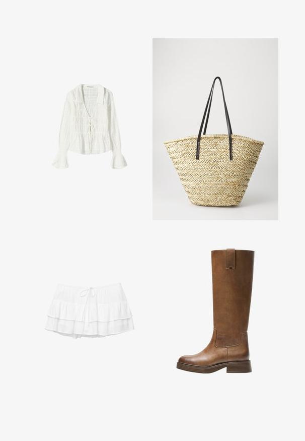 Biała bluzka z długim rękawem, wykonana z fakturowanej tkaniny, z dekoltem w kształcie litery V oraz detalem przywiązania, a także z rozszerzającymi się mankietami dla dodatkowego efektu.; Biała, warstwowa spódnica z trzema falbaniastymi poziomami, elastycznym pasem i ozdobnym sznurkiem. Wykonana z lekkiej, teksturowanej tkaniny.; Brązowe skórzane wysokie buty do kolan z okrągłym noskiem, teksturowaną powierzchnią i niskim piętrem o warstwowej budowie. Posiadają boczną wstawkę oraz pętelkę na górze.; Woven straw tote bag o szerokim, stożkowatym kształcie, z dwoma czarnymi skórzanymi uchwytami. Naturalny beżowy kolor o fakturowej powierzchni.