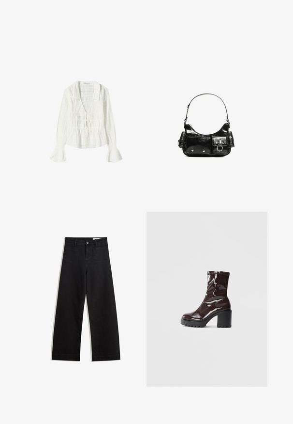 White long-sleeve blouse featuring a textured fabric, a V-neck with a tie detail, and flared cuffs for added design.; Black wide-leg denim pants with a high waist, featuring front and back pockets, stitched seams, and a button closure. Smooth texture.; Glossy burgundy ankle boot with a chunky black heel, featuring a smooth texture and simple design. No visible fastenings or patterns.; Black patent leather handbag with a curved shape, one shoulder strap, front pockets, and silver-tone hardware accents.