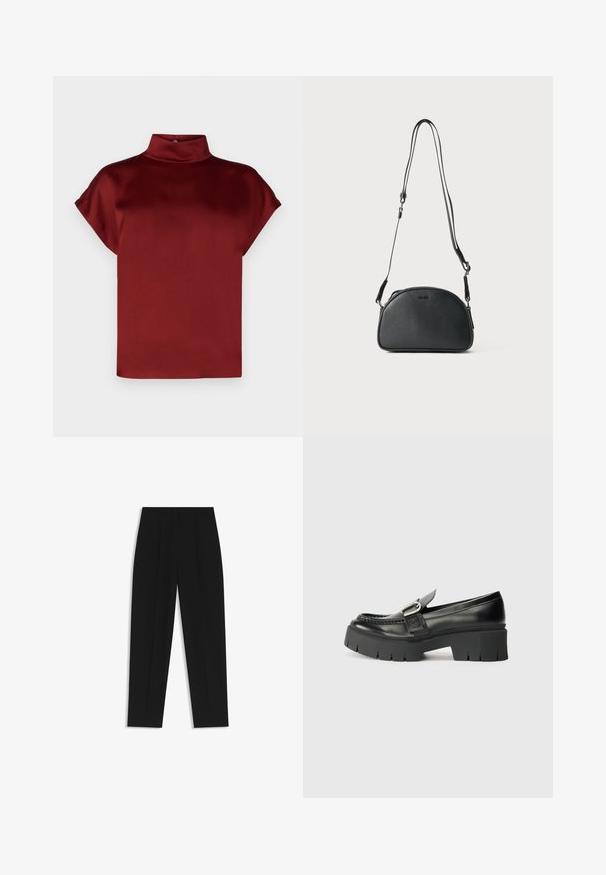 DRYKORN ALARIA - Blouse - red; Black trousers with a straight fit, featuring double pleats, a smooth texture, and a classic waistband design. No visible hardware or accents.; Black leather loafers with a chunky rubber sole. Features a buckle accent and stitched detailing along the upper. Flat heel.; Black leather crossbody bag with a rounded shape, two adjustable straps, and a subtle logo on the front. Textured exterior, minimalistic design.