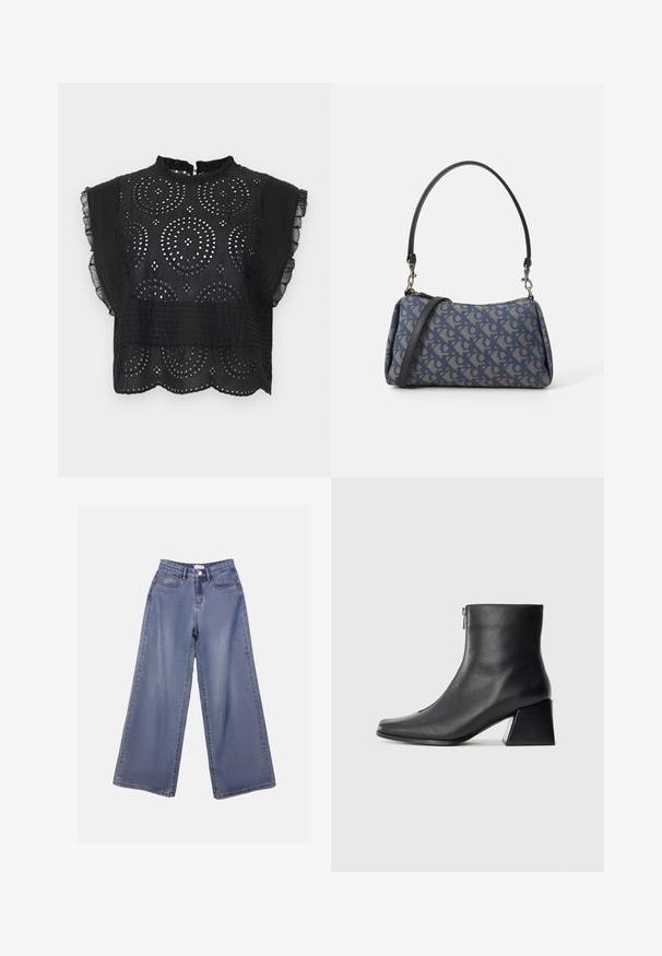 Svart blus med hög hals och volangärmar. Har intrikata urklippta mönster och en något kortad design. Texturerad tyg.; Breda ben denimjeans i en ljusblå tvätt, med hög midja, framfickor och knappstängning med bälteshällor.; Svart läderankelboot med fyrkantig tå, sidodragkedja och klack mot en enkel ljus bakgrund.; Blå mönstrad handväska i tyg, med en rundad form, svart läderrem och logodesign i en ljusare nyans.