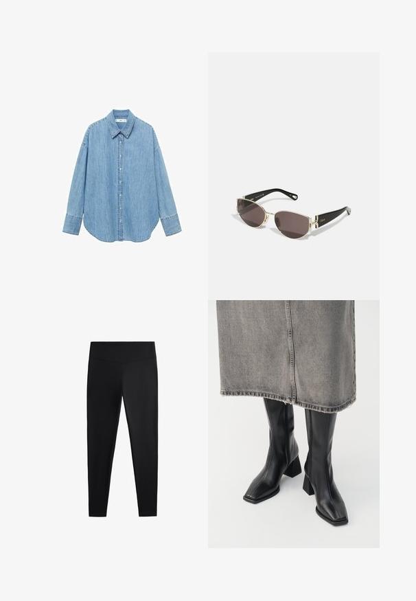 Svetlo modrá džínsová košeľa s dlhými rukávmi, špičatým golierom a gombíkovým zapínaním. Obsahuje zakrivený lem a voľný strih.; Čierne legíny vyrobené z hladkej, elastickej tkaniny. Majú široký pás a zoštíhlený strih nohavíc, vhodné na aktívne alebo príležitostné nosenie.; Čierne kožené čižmy po kolená s hranatou špičkou a blokovým podpätkom. Nosené s sivou džínsovou sukňou s rozstrapkaným lemom.; Čierne a zlaté slnečné okuliare s úzkym oválnym rámom, tmavými sklami a dekoratívnym kovovým prvkom na spánkoch. Ľahký a elegantný dizajn.; Čierna kožená kabelka s hladkou textúrou, štruktúrovaným dizajnom, dvojitými uchami a strieborným detailom na zapínaní v strede.