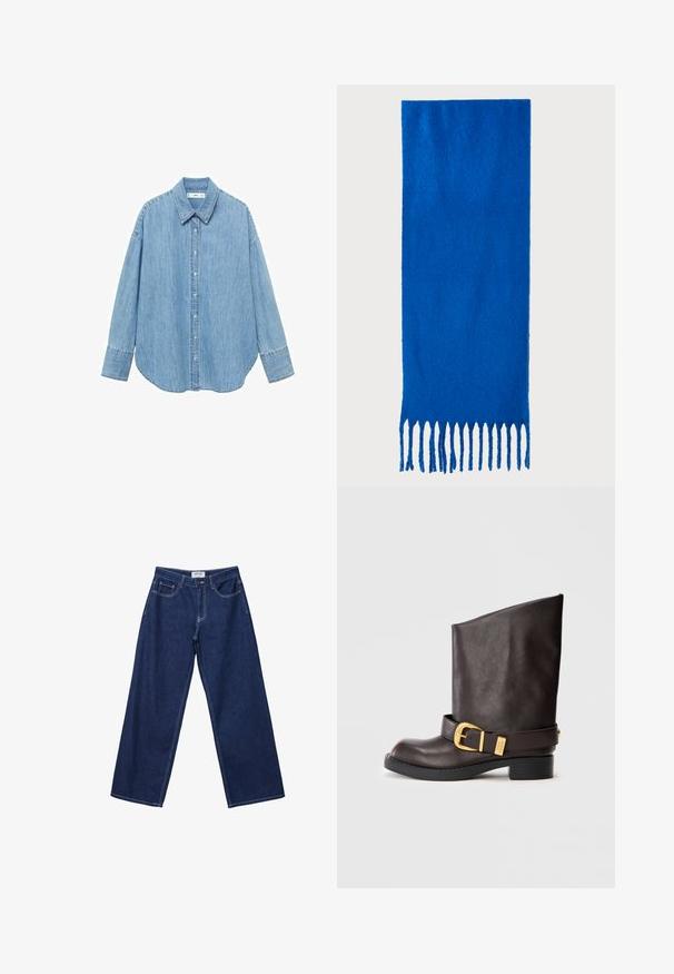 Light blue denim shirt with long sleeves, a pointed collar, and button front. Features a curved hem and relaxed fit.; Wide-leg dark blue denim jeans with a button closure, five pockets, and contrasting white stitching. The fabric has a smooth, slightly textured finish.; Dark brown mid-calf leather boot with black sole, low heel, and decorative gold buckle strap around the ankle, shown from the side.; Blue fringed scarf made of soft fabric; features a solid color with a textured surface and evenly cut fringe at the bottom.; Black tote bag made of smooth leather, featuring a curved, open top with two shoulder straps and a minimalist design.