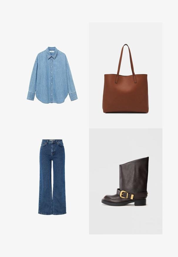 Camicia in denim azzurro chiaro con maniche lunghe, colletto a punta e chiusura a bottoni. Presenta un orlo curvo e una vestibilità rilassata.; Jeans in denim blu a vita alta con gambe larghe, dotati di design tradizionale a cinque tasche, chiusura con bottone metallico e cuciture a contrasto.; Stivale in pelle marrone scuro a metà polpaccio con suola nera, tacco basso e cinturino decorativo in oro attorno alla caviglia, visto di lato.; Borsa tote in pelle marrone con texture liscia, design con apertura superiore e due spallacci. Presenta cuciture minime e nessun hardware visibile.