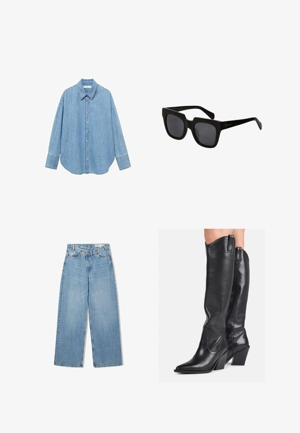 Lichtblauwe denimshirt met lange mouwen, een puntkraag en knoopsluiting aan de voorkant. Beschikt over een gebogen zoom en een ontspannen pasvorm.; Lichtblauwe wijde jeans van denim, met een hoge taille, vijf zakken, knoopsluiting en subtiele vervaging voor textuur.; Zwarte leren kniehoge laarzen met een spitse neus, gebogen schacht en chunky hak. Heeft een gladde textuur en aantrekriempjes aan de bovenkant.; Zwarte rechthoekige zonnebril met dikke kunststof monturen en donkere lenzen. De pootjes zijn slank met een glanzende afwerking en minimale branding.; Zwarte leren geweven tote bag met een slouchy vorm en een brede schouderriem. Kenmerkt zich door een gestructureerd, verweven ontwerp met een gladde afwerking.