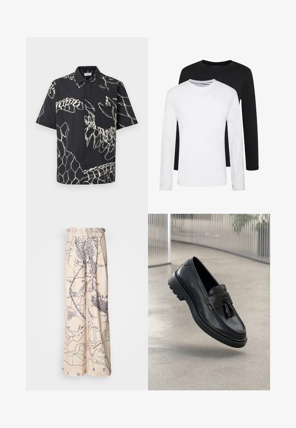Musta lyhythihainen nappipaita, jossa on valkoisia abstrakteja viivakuvioita ja rintatasku, yksivärisellä taustalla.; Kaksi pitkähihasta paitaa, yksi musta ja yksi valkoinen, puuvillasta valmistettuja, pyöreäkaula-aukolla ja sileällä pinnalla, esillä pinoamalla.; Housut leveillä lahkeilla, joissa on merikarttatulostus tummansinisenä beige-taustalla. Vyötärössä on laskoksellisia yksityiskohtia ja rento istuvuus.; Mustat nahkaiset loafersit, joissa on sileä pinta, koristeellinen hapsu, paksu kumipohja ja ommellut yksityiskohdat. Kevyt ja virtaviivainen muotoilu.
