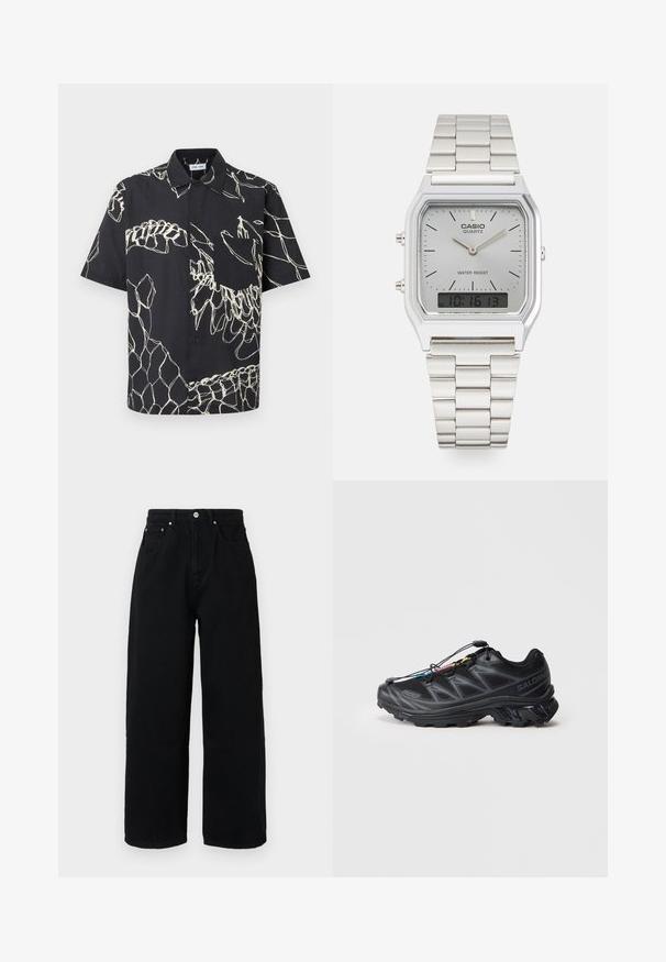 Čierna košeľa s krátkym rukávom na zapínanie na gombíky s bielymi abstraktnými líniovými vzormi a náprsného vrecka na jednoduchom pozadí.; Čierne široké nohavice z bavlny, s vysokým pásom, prednými vreckami, strieborným gombíkom a čistým lemovaním.; Čierna atletická obuv s textúrovaným sieťovinovým zvrškom, vystuženou špičkou a rýchlozaviazaním. Obsahuje robustnú podrážku a mierne zdvihnutú pätu.; Strieborné quartz hodinky Casio s obdĺžnikovým ciferníkom, analógovým a digitálnym zobrazením, nerezovým remienkom a vodoodolnými vlastnosťami.