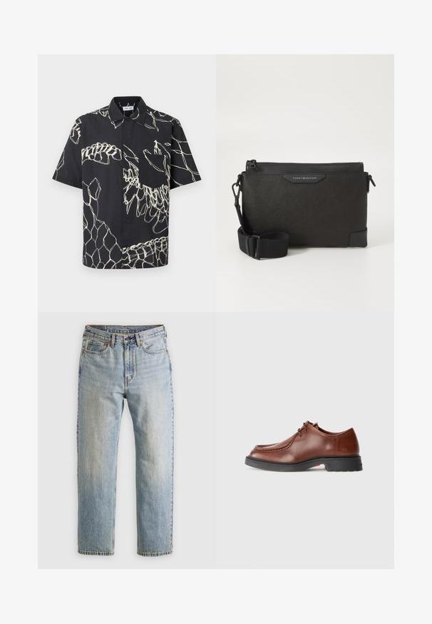 Černá krátkým rukávem košile na knoflíky s bílými abstraktními liniovými vzory a náprsní kapsou na jednobarevném pozadí.; Svetle modré džíny z denimu s vysokým pasem, předním knoflíkem, zipem a designem s pěti kapsami, ležící rovně na neutrálním pozadí.; Hnědé kožené společenské boty s kulatou špičkou, kontrastním prošíváním, šněrovacím designem a texturovanou černou gumovou podrážkou.; Černá kožená crossbody taška s texturovaným povrchem, s uzávěrem na zip a nastavitelného popruhu. Na přední straně je logo. Obdélníkový tvar.