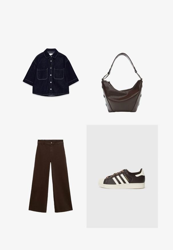 Dark denim button-up shirt with short sleeves, two front patch pockets, white stitching, and a rounded collar.; Brown wide-leg trousers in cotton blend, featuring a frayed hem, front button closure, and classic five-pocket design. Minimalistic and versatile.; Low-top Adidas Superstar sneaker in dark brown leather with cream shell toe, white stripes, and "Superstar" text on the side.; Dark brown leather handbag with a curved shape, zip closure, and a short handle. Features metal hardware and decorative black buttons on the side.