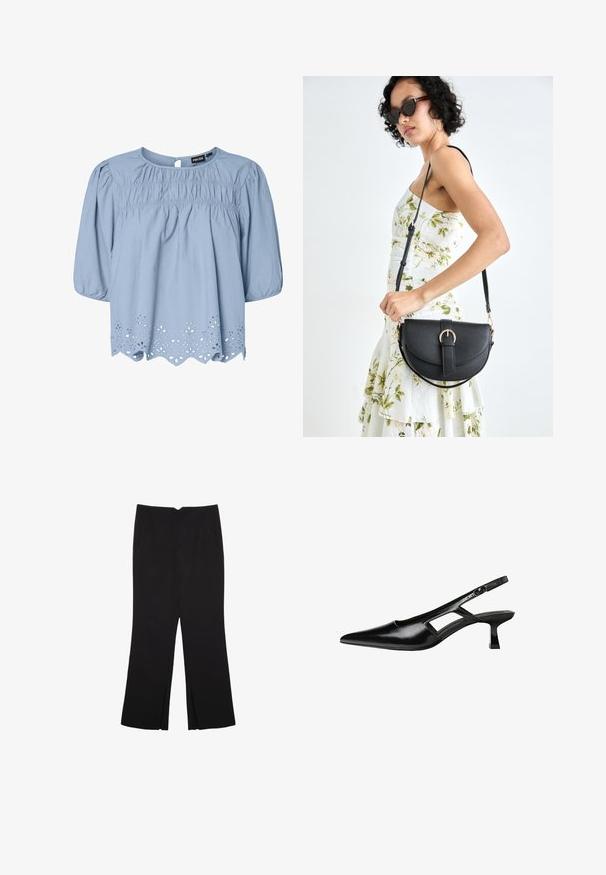 Jasnoniebieska bluzka z bawełny z okrągłym dekoltem, bufkami i misternym detalem koronkowym wzdłuż dołu.; Czarne spodnie o prostym kroju, z przednimi kieszeniami i bocznymi rozcięciami na dole. Wykonane z miękkiego, gładkiego materiału. Odpowiednie na różne okazje.; Czarne lakierowane czółenka na odkrytej pięcie z wąskim noskiem, z wykrojem po bokach i małym kwadratowym obcasem. Gładka faktura z minimalnymi akcentami.; Czarna skórzana torebka o zakrzywionym kształcie, z odpinanym paskiem i złotymi akcentami. Torebka posiada klapę z zapięciem w kształcie klamry.
