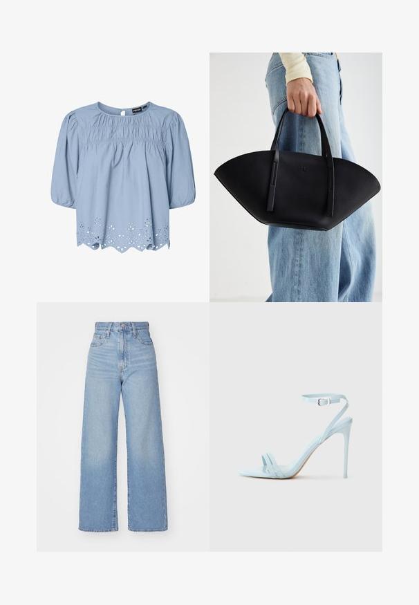 Lyseblå bluse laget av bomull med rund hals, puffermer og intrikate øyelet-lace detaljer i kanten.; Lys blå høytlivs vide jeans med knapp- og glidelås lukking foran, foran og bak lommer, på en hvit bakgrunn.; Lys blå stiletto sandaler med to frontremmer og ankelsrem, laget av glatt patentmateriale, med tynn hæl og minimalistisk design.; Svart skinnveske med en unik vifteform, med flate håndtak. Overflaten har en pebblelignende tekstur og et minimalistisk design.