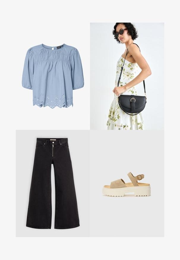 Šviesiai mėlynas medvilninis bluzonas su apvalia iškirpte, pūstomis rankovėmis ir sudėtingos nėrinių detalėmis apatine dalyje.; Plačios kojų džinsai iš juodo džinsinio audinio su užtrauktuku priekyje, penkių kišenių dizainu ir subtiliais siuvinėjimo akcentais. Lygus paviršius ir laisvalaikio stilius.; Plyninės smėlio spalvos sandalai su plačia juostele ir reguliuojamu kulkšnies sagtimi. Masyvūs balti padai su tekstūruota raštu, skirtu sukibimui.; Juodas odinis krepšys su išlenkta forma, nuimamu dirželiu ir auksiniais detalėmis. Krepšys turi kilpą su sagtimi.