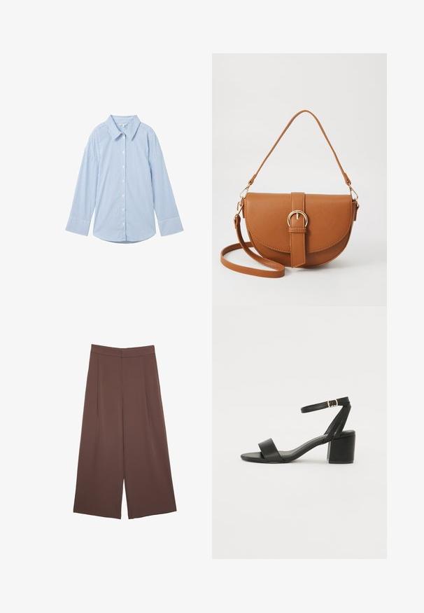 Ljusblå skjorta med knäppning fram, vita vertikala ränder, långa ärmar, klassisk krage och rundad nederkant. Tillverkad av ett mjukt tyg.; Bruna vida byxor med en slät textur, som har hög midja och framfickor. Tyget är lätt och flödar löst.; Svart klacksandals med en slät läderöverdel, öppen tå, breda framremmar och justerbart ankelband med en guldfärgad spänne.; Brun läder crossbody-väska med en böjd form, gyllene detaljer och en spänneaccent. Har en avtagbar axelrem.
