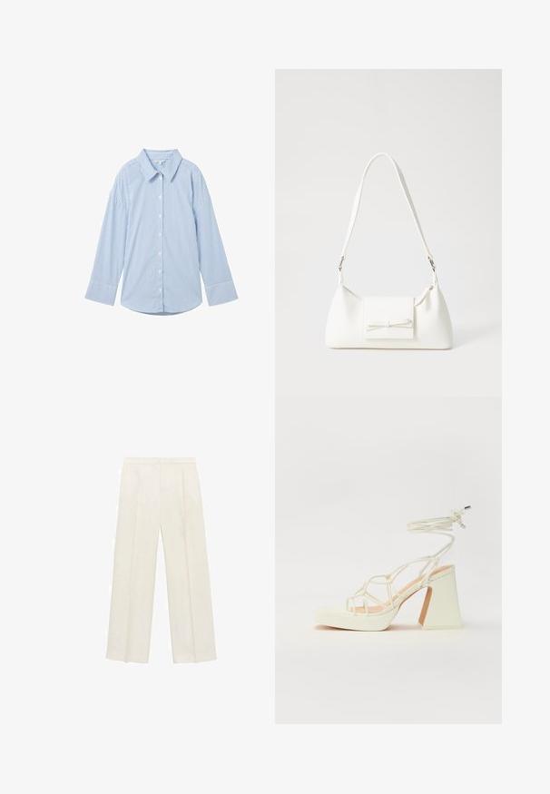 Light blue button-up shirt with white vertical stripes, long sleeves, a classic collar, and a rounded hem. Made from a smooth fabric.; Wide-legged trousers in a light cream color. Made from a smooth fabric with pleats at the front and side pockets.; White high-heeled sandal with a chunky heel, featuring a strappy design and ankle tie. Smooth texture with a platform front for added height.; White synthetic handbag with a triangular shape, flat front flap and bow detail, adjustable strap, smooth texture, and minimalistic design.