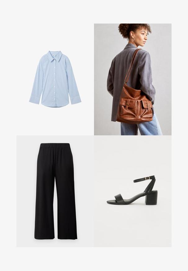 Světle modrá košile na knoflíky s bílými svislými pruhy, dlouhými rukávy, klasickým límcem a zakulaceným lemem. Vyrobena z hladkého materiálu.; Černé kalhoty s širokými nohavicemi vyrobené z měkké, elastické tkaniny. Obsahují elastický pás a mají hladkou texturu, vhodné na volný čas.; Černé sandály na vysokém podpatku s hladkým koženým svrškem, otevřenou špičkou, širokými předními pásky a nastavitelným páskem kolem kotníku se zlatou přezkou.; Hnědá kožená kabela ve tvaru kýble s dvěma předními kapsami s přezkovými detaily. Kabela má hladkou texturu a nastavitelný popruh.