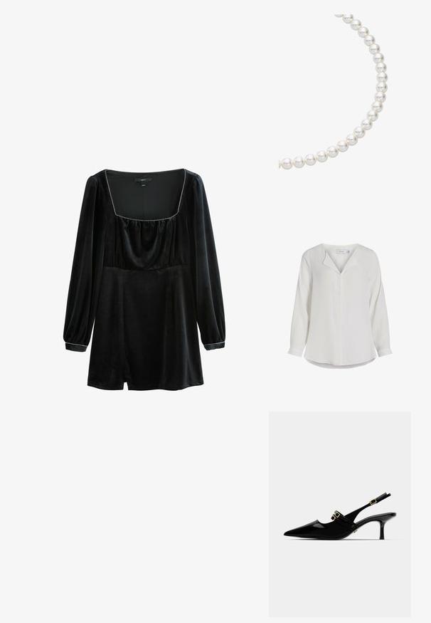 Hvid langærmet bluse lavet af blødt stof, med en skrå krave, en frontplacket og en buet kant.; Sort velour kjole med lange puffærmer, firkantet halsudskæring og sammensyning ved brystet. Har diskret sølvtrim langs halsudskæringen.; Sorte patentlæder slingbackhæle med spids tå, der har dobbelt guldspænde og en slank stilettohæl.; Perlekæde med runde, glinsende hvide perler, der er trukket sammen, og som viser en glat overflade og en ensartet sfærisk form.