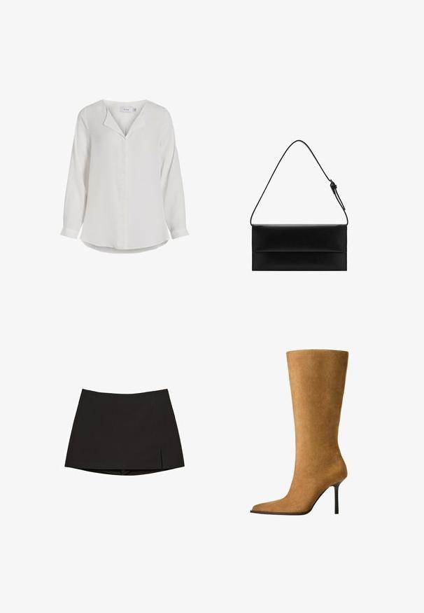 Weiße Bluse mit langen Ärmeln aus weichemstoff, mit einem Reverskragen, einer Vorderseite mit Knopfleiste und einem abgerundeten Saum.; Schwarzer Minirock aus glattem Stoff, mit geradem Schnitt, Seitenschlitzen und sauberem Saum. Einfach und vielseitig.; Knöchelhohe Wildlederstiefel in camel mit spitzem Zehenbereich und dünnem, hohen Absatz. Glatte Textur und elegante Silhouette mit minimaler Detailgestaltung.; Mango Handtasche - black