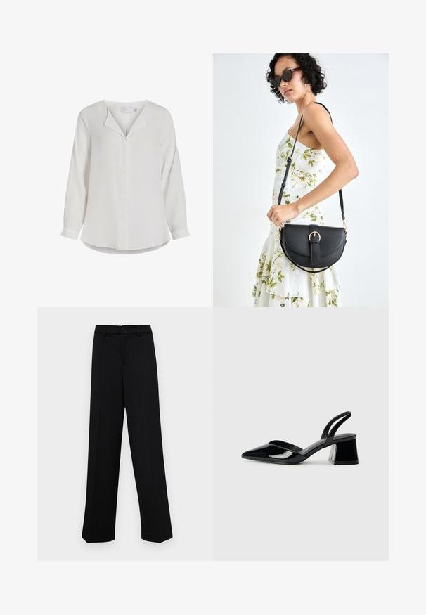 Weiße Bluse mit langen Ärmeln aus weichemstoff, mit einem Reverskragen, einer Vorderseite mit Knopfleiste und einem abgerundeten Saum.; Schwarze, weit geschnittene Hosen aus glattem Stoff, mit einem klassischen Taillenbund und einem Knopfverschluss sowie vorderen Falten.; Schwarze Lackleder-Slingback-High Heels mit spitzem Schuh und einem geometrischen Blockabsatz. Verfügt über ein schlankes, minimalistisches Design und eine glatte Textur.; Schwarze Lederhandtasche mit geschwungener Form, abnehmbarem Tragegurt und goldenen Beschlägen. Die Tasche verfügt über einen Deckel mit einer Schnallen-Details.