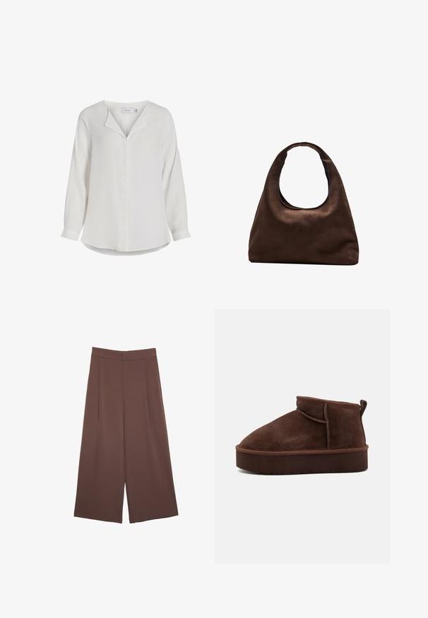 Blusa bianca a maniche lunghe realizzata in tessuto morbido, con colletto a punta, patta frontale e orlo curvo.; Pantaloni ampi marroni con una texture liscia, caratterizzati da una vita alta e pieghe frontali. Il tessuto è leggero e scorre liberamente.; Stivale alla caviglia in suede marrone con punta tonda, texture morbida e suola piatta spessa. Presenta un discreto dettaglio di cucitura e un gancio sul retro.; Borsa hobo di un morbido marrone con una sola tracolla larga e un'apertura a manico curvo, esposta su uno sfondo bianco.