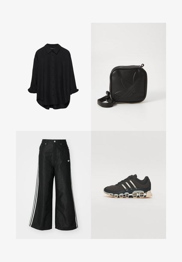 Crna košulja dugih rukava s dugmadi i šiljastim kragnom, opuštenog kroja, s podvrnutim rukavima i lagano zaobljenim rubom, izrađena od glatkog materijala.; Crne široke traper hlače s tri bijele pruge sa svake strane i malim bijelim logom. Ima prednje džepove i preklop s gumbom.; Crne atletske tenisice s teksturiranim gornjim dijelom, tri srebrne pruge i posebnim potplatom s višestrukim integriranim sekcijama.; Crna kvadratna torbica preko tijela napravljena od teksturiranog sintetičkog materijala. Ima urezani dizajn logotipa i podesivu traku. Zatvaranje na patentni zatvarač.