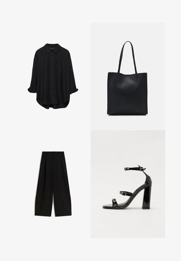 Camicia nera a maniche lunghe con bottoni, colletto a punta, vestibilità rilassata, maniche arrotolate e orlo leggermente arrotondato, realizzata in un tessuto morbido.; Pantaloni neri a gamba larga realizzati in tessuto liscio, con vita alta, pieghe frontali e senza decorazioni visibili o fantasie.; Sandali con tacco in vernice nera, con punta squadrata, cinturini alla caviglia e fibbie in argento. Presentano un tacco a blocco spesso per maggiore stabilità.; Borsa tote in pelle nera con texture liscia, forma rettangolare e due manici lunghi. Nessun hardware o decorazione visibile.