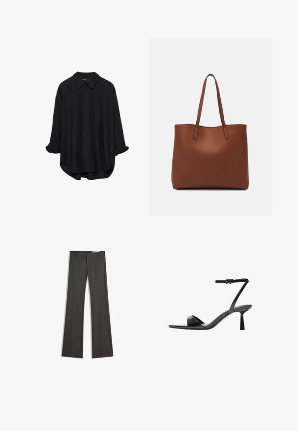 Zwarte lange mouwen knoopshirt met een puntige kraag, ontspannen fit, opgerolde mouwen en een licht afgeronde zoom, gemaakt van een gladde stof.; Grijze flared broeken van een gladde stof, met een platte voorkant, riemlussen en een op maat gemaakt ontwerp met strakke lijnen.; Bershka Sandalen met hoge hak - black; Bruine leren tote bag met een gladde textuur, een ontwerp met een open bovenkant en twee schouderbanden. Kenmerkt zich door minimale stiksels en geen zichtbare hardware.