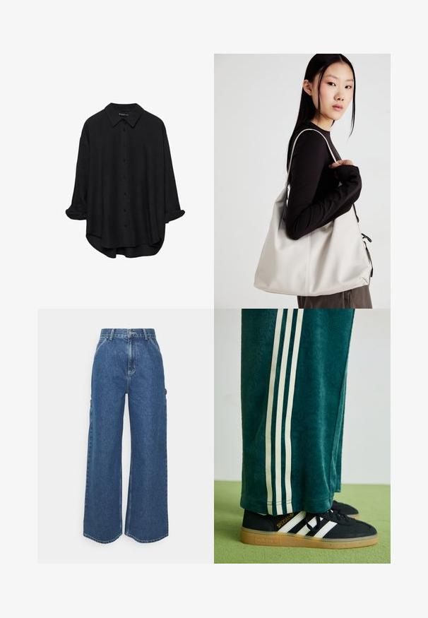 Schwarze Langarmhemd mit Knöpfen, spitzem Kragen, lockerer Passform, hochgekrempelten Ärmeln und leicht abgerundetem Saum, gefertigt aus einem glatten Stoff.; Weite blaue Denim-Hosen mit hoher Taille, kontrastierenden Nähten und Seitentaschen, ausgestattet mit einem klassischen Five-Pocket-Design und rohen Säumen.; Grüne strukturierte Hose mit weißen Seitenstreifen, kombiniert mit schwarzen Adidas Turnschuhen, die drei weiße Streifen und eine Gummisohle haben.; Beige Handtasche aus weichem Material, mit einem lässigen Design, gesteppten Details und zwei Schulterriemen. Geeignet für den täglichen Gebrauch.